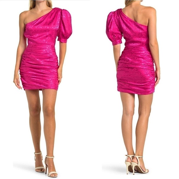 NWT RONNY KOBO Barbie Pink Floral One Shoulder Puff Sleeve Ruched Mini Dress S - Picture 1 of 7